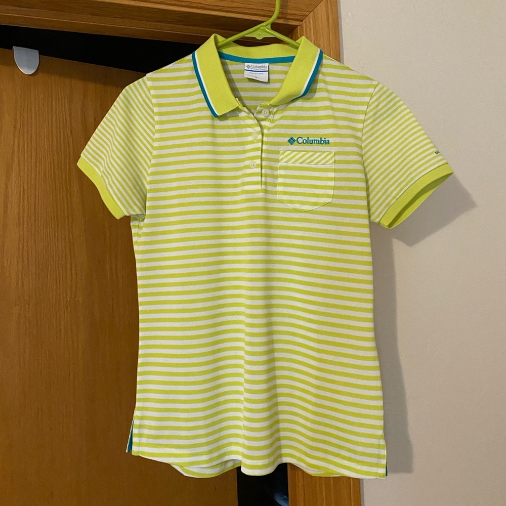 Columbia lime green stripped golf polo